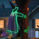 Solar Halloween Decorations Outdoor Witches, 43" Flying Witch Crashing into Tree Hallowen Decor on Broom, Halloween Witch Decor for Yard Door Fence Haunted House Props (Green)