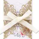 50Pcs Laser Cut Wedding Invitation With Glitter Envelopes And Ribbons Blank Personalized Card Invitaciones Para quinceaera Birthday Baby Shower Christmas Party Bridal Shower (Gold)