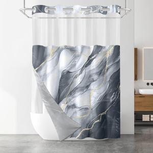 No Hook Shower Curtain with Snap in Liner Set, Black Grey Marble Design, Waterproof Washable Fabric Hotel Shower Curtains for Bathroom Decor with See Through Mesh Top Window 71x74 Inch