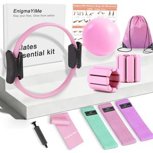 Pilates Ring Kit with Adjustable Ankle Wrist Weights, Resistance Bands, Ball, Pilates Equipment Ball for Home Workout to Tone, Sculpt and Strengthen, Fitness Magic Circle Rings for Yoga Women (Pink)
