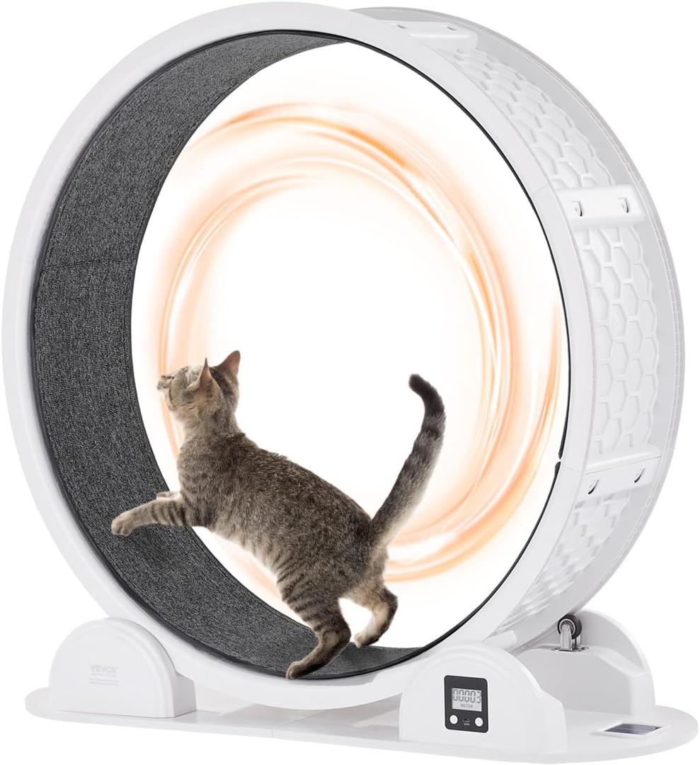 VEVOR Cat Exercise Wheel with Pedometer, 40.8 in Cat Running Wheel with Brake & Carpeted Runway, Quiet Cat Treadmill for Indoor Cats Under 30lbs, Cat Exerciser for Pets Health & Fitness White