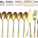 Gold Serving Spoons 10 Pieces, Kyraton Serving Utensils, Serving Set Include 3 Serving Spoon, 3 Slotted Spoon, 1 Serving Fork, 1 Cake Server, 2 Butter Knife Spreaders