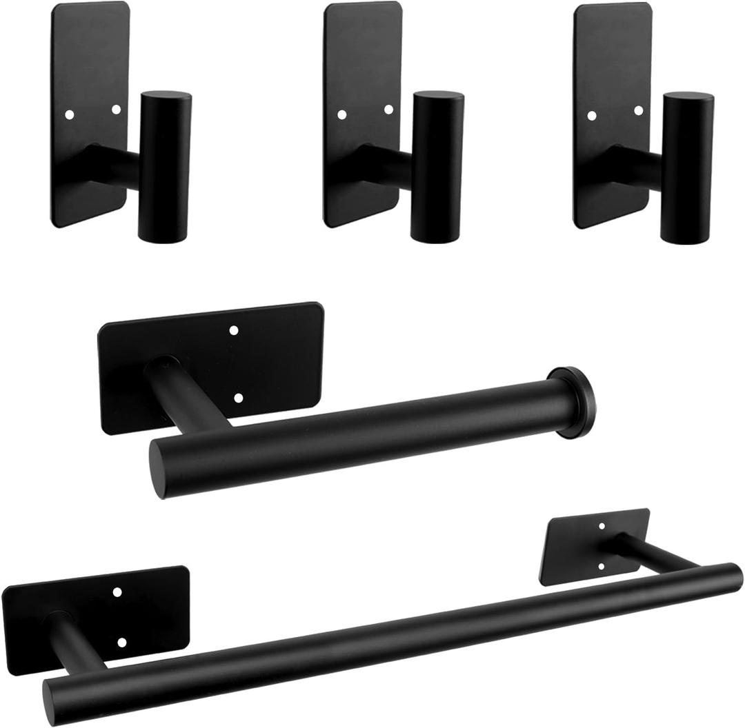 5 PCS Self Adhesive Bathroom Hardware Set, Stainless Steel Towel Rack Set Include 16In Bath Towel Bar+Toilet Paper Holder+3 Towel/Robe Hooks No Drill Bathroom Accessory Kit(Matte Black)