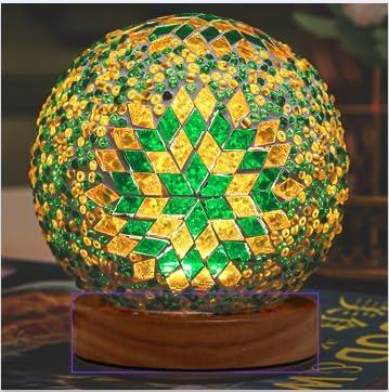 Turkish Table lamp (D:4.7" x H:5.2"),Mosaic Glass Lamps with Wooden Base, Bohemian Tiffany Bedside Lamps, USB Power Moroccan Lantern for Living Room Halloween Decorations (Boho - Green, Boho)