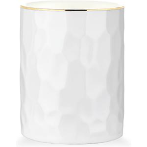 WHJY Ceramic White Pencil Cup, Makeup brushes Holder, Gold Pen Holder for Desk Cute Small Boho Brush Holder, Modern Geometry Design Pen Holder