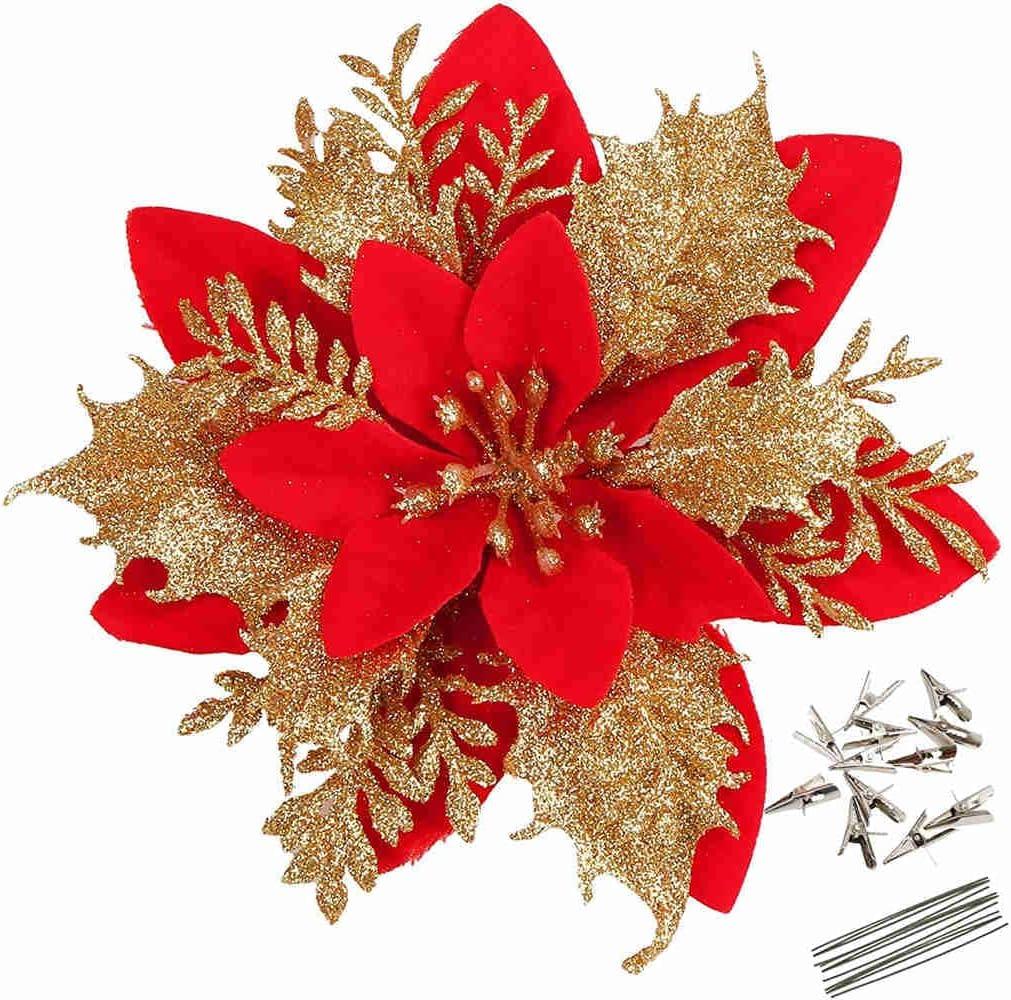 GREENTIME 12 Pcs Glitter Poinsettia 5.5" Artificial Flowers Christmas with Clips Stems Xmas Tree Ornaments for New Year Party Stairs Fireplace Porch Balcony Garden Church Wreath Decoration (Red Gold)
