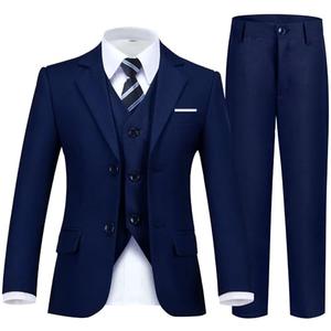 Boy Suit Formal 5 Piece Slim Fit Suit Blazer Toddler Teen Boys Tuxedo Jacket Solid Navy Blue Suit for Kids Prom Wedding Ring Bearer Size 8Y