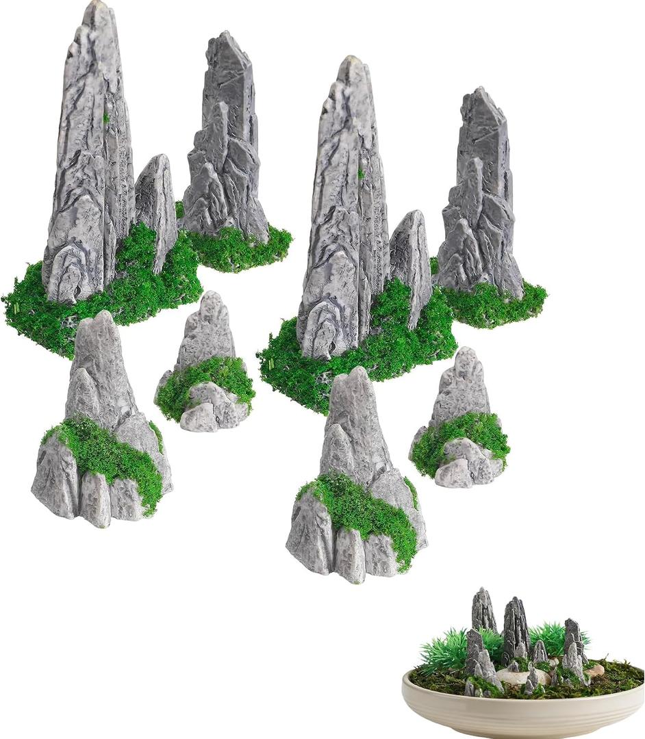 8pcs Miniature Resin Rockery, Mini Zen Garden Decor Bonsai Rockery Statue Fake Mountain Figurines Ornament for DIY Plant Pot Terrarium Decor
