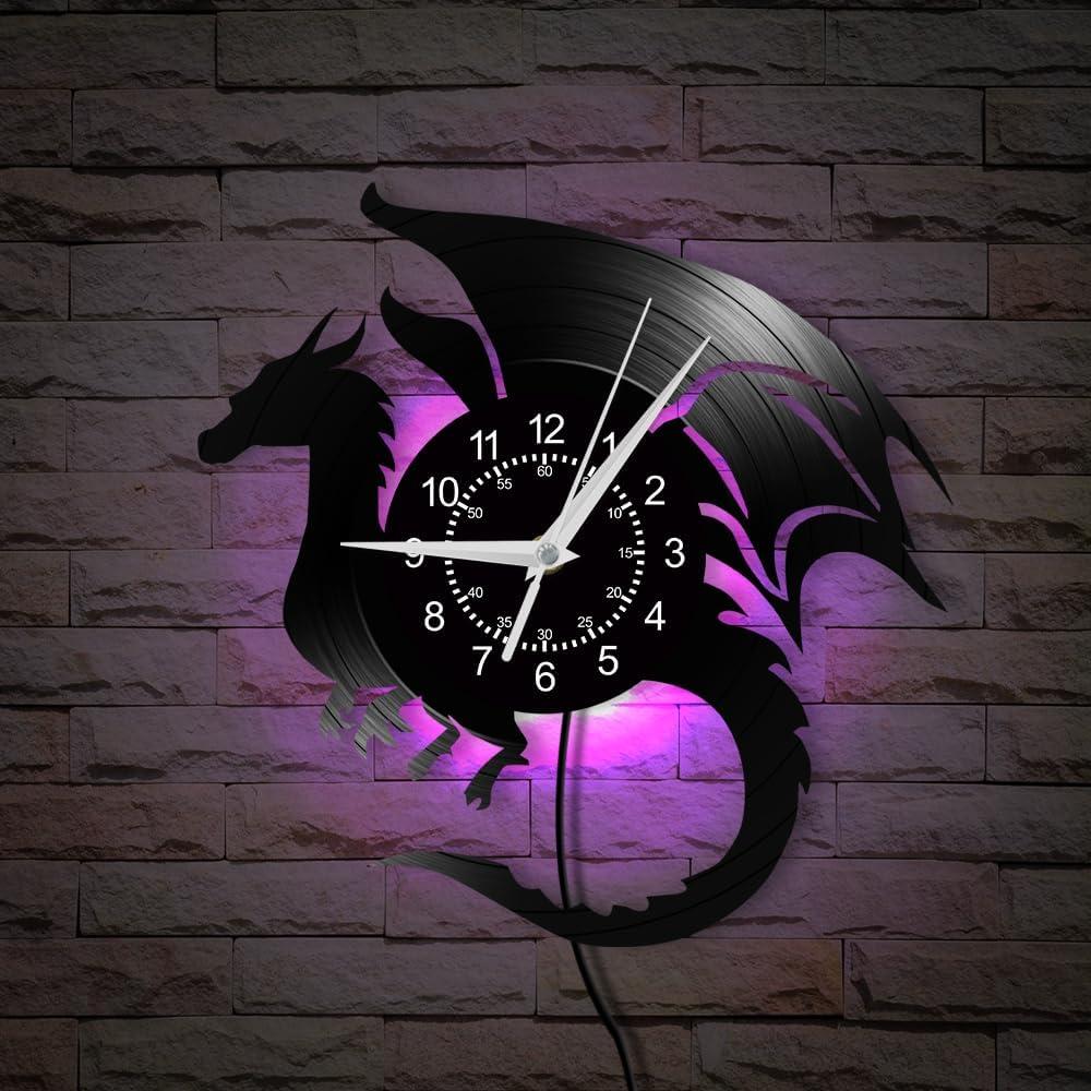 12'' Flying Dragon Wall Clock 7 Color Changing, Ancient Magic Flying Angry Fantasy Dragon Vinyl Wall Clock LED Night Light Gothic Fairytale Dragon Wall Watch Clock Silent for Man Cave Bedroom