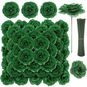 LELEE Rose Head Flowers with Stem - 108pcs Emerald Green Rose Artificial Flowers Bulk - Silk Rose Fake Flower for Wedding Bouquet Party Home Decor DIY Centerpieces Tables St Patrick's Day Decoration