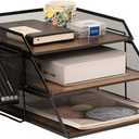 Vintage Wood & Metal Letter Tray， Stackable Desk Organizers Paper Tray， for File Magazines Mail Organizer, Vintage Wood Desk File Organizer with Pen Holder(3 Layer)