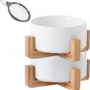 Petygooing White Ceramic Cat Dog Bowl Set with Stand,Small Dog Bowls,Pet Food and Water Dish, Anti Slip Set of 2 Cat Bowls Pet Food Bowl- Pet Dish Small Size Pet (13.5OZ/5.1 in)