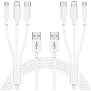 Multi Charger Cable 6Ft 2Pack, 3 in 1 Charging Cord, Universal Phone Charger, Multiple Charger Wire USB-A to Lightning/USB-Type C/Micro USB Connectors for Cellphone, Tablets and More (Charging Only) (White)