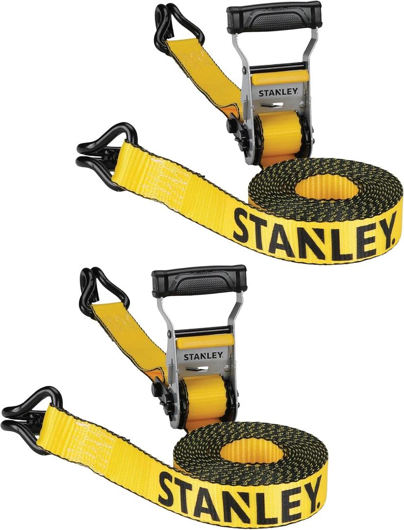 STANLEY S50002 Black/Yellow 1.5" x 16' Heavy-Duty Ratchet Straps (5,000 lb Break Strength), 2 Pack