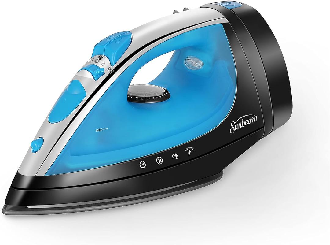 Sunbeam Steammaster Steam Iron, 1400 Watt, Large Anti-Drip Stainless Steel Nonstick Soleplate with 8' Retractable Cord, Horizontal or Vertical Shot of Steam and 3-Way Auto Shut-Off, Black/Blue (Medium)