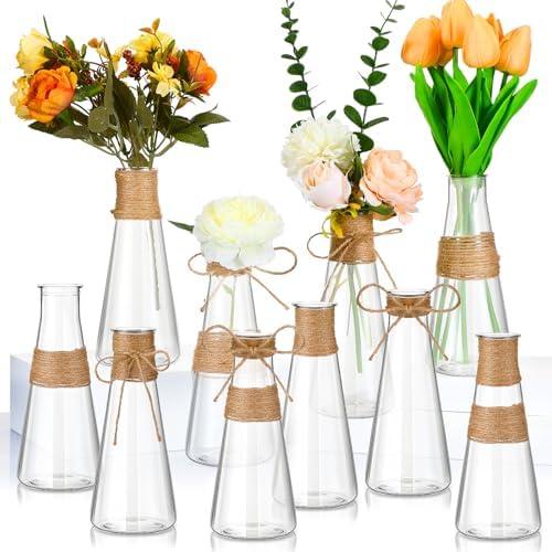 Baderke 12 Pcs Plastic Vases with 24 Ropes, Centerpieces Bulk Buds Wedding Decorations Mini Vintage Floral Vases for Home Tables Living Room Office Decoration Housewarming Gift (Conical)