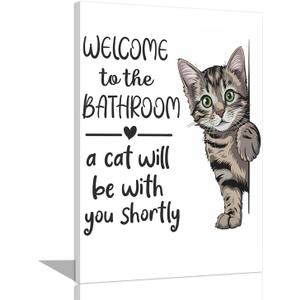 HNNXAR Funny Cat Bathroom Wall Art,Welcome To The Bathroom A Cat Will Be With You Shortly Paintings Posters,Black and White Funny Animal Canvas Pictures Prints Wall Decor 16x24in Framed