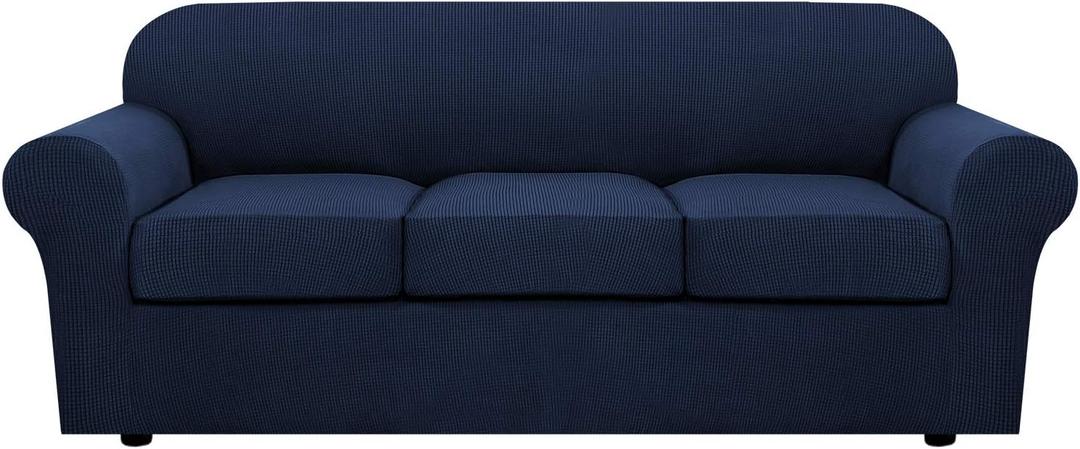 H.VERSAILTEX 3 Piece Stretch Sofa Covers for 2 Cushion Sofa Couch Covers for Living Room Sofa Slipcovers (Base Cover Plus 2 Seat Cushion Covers) Thicker Jacquard Fabric(Large Sofa, Navy)