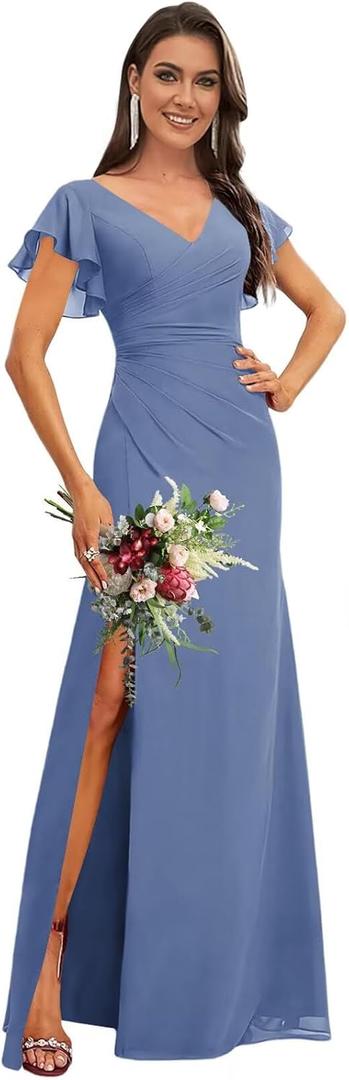 Flutter Sleeves Bridesmaid Dresses for Wedding Chiffon V Neck Ruffles Empire Waist Formal Party Dress with Slit 2025 (6, Steel Blue)