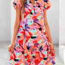 dowerme Womens Summer Dresses 2026 Puffy Sleeve V Neck Loose Floral Print A Line Boho Mini Babydoll Dress with Pockets