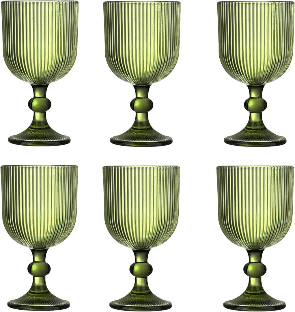 Green Vintage Wine Glasses Set of 6, 11 Ounces Colored Glass Water Goblets, Unique Embossed Pattern High Clear Stemmed Glassware Wedding Party Bar Glass Drinking Cups Fancy Glasses Vertical Line