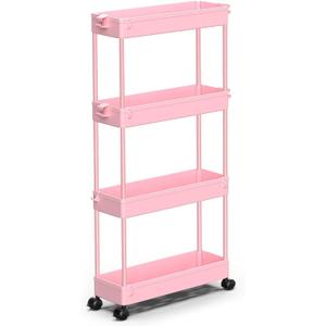 SPACEKEEPER Slim Rolling Storage Cart 4 Tier Bathroom Organizer Utility Cart Mobile Shelving Unit Tower Rack for Kitchen, Laundry Room, Bathroom, Narrow Places, Pink