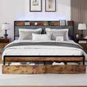 King Size Metal Platform Bed Frame with 2 Storage Drawers, LED Light, Velvet Headboard with USB Port - Heavy Duty, Brown Wooden Panel, No Box Spring Needed - King Bed Frame with Storage (Brown, King)