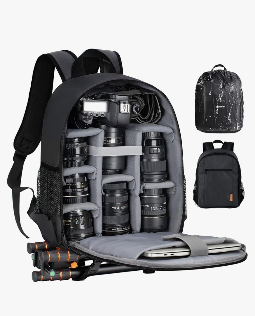 TARION Camera Backpack Bag Small - Professional DSLR Camera Bag Photography Backpack with 13“ Laptop Compartment & Waterproof Rain Cover & Tripod Holder for Photographers (Black TB-S)