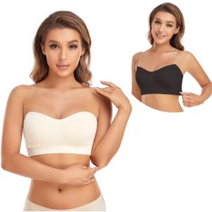 Lusait Strapless Bra for Women Non-Slip Silicone Padded Bandeau Bra Wireless Tube Top Bralette Black+Beige 2Pack M Lusait Strapless Bra for Women Non-Slip Silicone Padded Bandeau Bra Wireless Tube Top Bralette Black+Beige 2Pack M