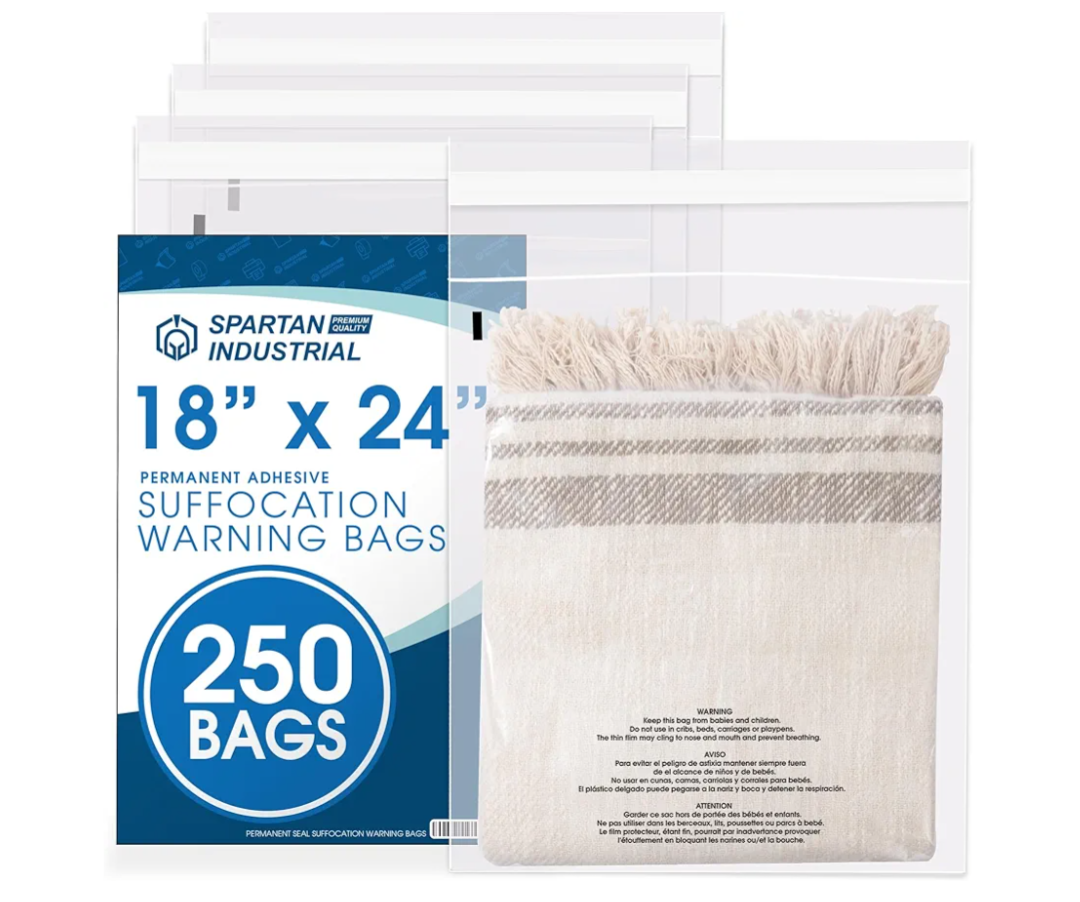 Spartan Industrial - 18" X 24" (250 Count) Self Seal Clear Poly Bags with Suffocation Warning for Packaging, Shipping & FBA - Permanent Adhesive