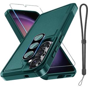 Samsung Galaxy S26 Case with Screen Protector+Camera Lens Cover,Military Grade Heavy Duty Shockproof Phone Cover with Wrist Lanyard Strap for Samsung S26,Dark Green