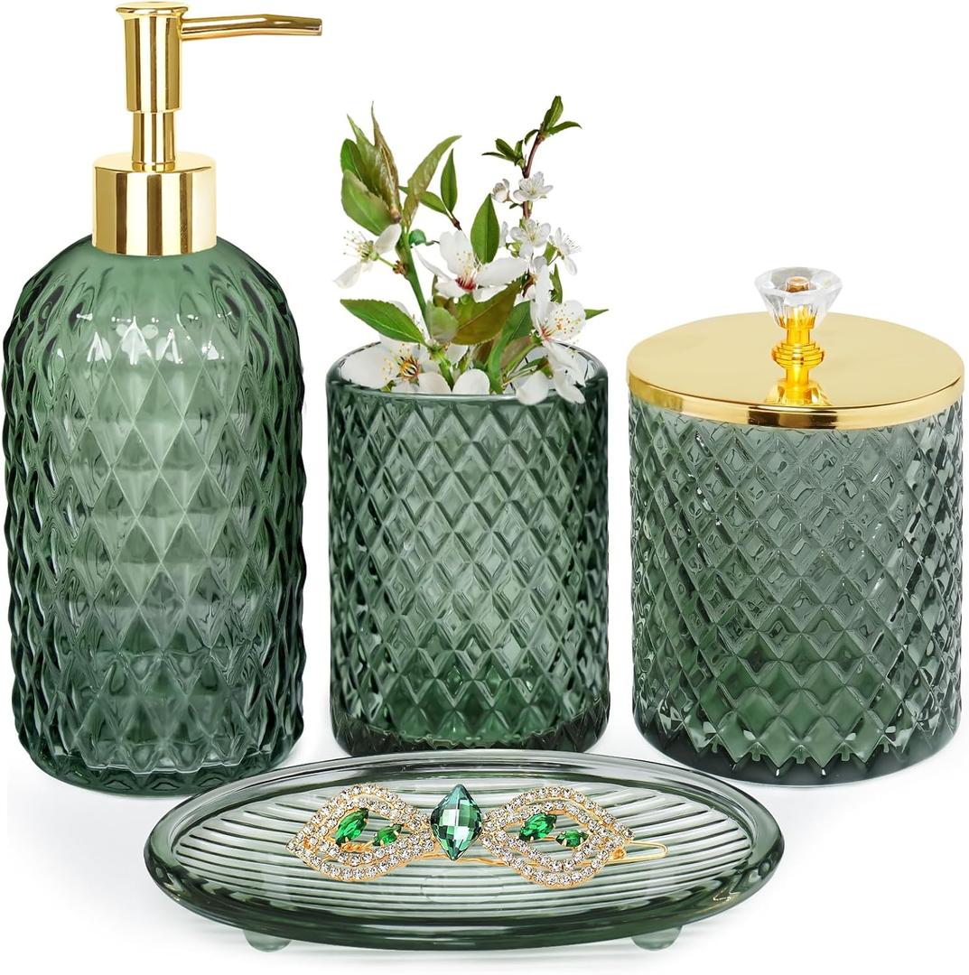 Bathroom Accessories Set, 4Pcs Sage Green Glass Bathroom Accessory Set Complete w/Lotion Soap Dispenser, Toothbrush Holder, Qtip Holder, Soap Dish, Gold Bathroom Decor Sets, Gift for Home Apartment