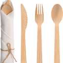 Pre Rolled Napkin and Bamboo Cutlery Set - 50Pack Bamboo Utensils/Compostable Cutlery(50 Forks, 50 Knives, 50 Spoons, 50 Napkins), Biodegradable Wrapped Cutlery for Party, Wedding, Events