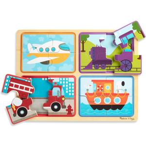 Melissa & Doug Natural Play Wooden Puzzle: Ready, Set, Go (Four 4-Piece Vehicle Puzzles)