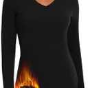 WOWENY Thermal Shirts for Women V Neck Fleece Lined Long Sleeve Base Layer Soft Warm Underwear Tops Cold Weather Size M Black