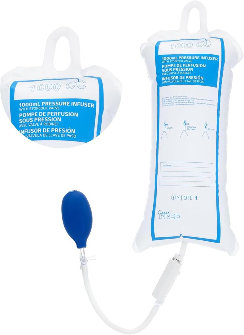 Geiserailie Pressure Infusion Bag 1000ml Iv Pole Infusion Sack with 3-way Stopcock Portable Color-coded Gauge Supplies Equipment for Emergency Use