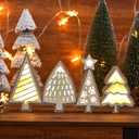 Christmas Tabletop Decorations, Lighted Wooden Christmas Tree Table Decor, Indoor Xmas Tree Block Sign with LED Lights, Farmhouse Winter Holiday Centerpiece for Mantel Shelf (White)