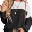 Dokotoo Womens Tops Fashion 2025 Color Block Long Sleeve Shirts Crewneck Knitted Casual Loose Pullover Blouses Large , Black/White 