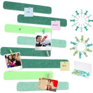 Mooliwe 8 Pcs Felt Pin Board Bar Strips Bulletin Board 50 Pushpins and 10 Wooden Clip Pins Self Adhesive Cork Boards for Offices Home Wall Display Photos, Paste Notes, Schedules(Green)