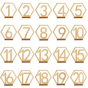 Wooden Table Numbers, Hexagon Shape 1-20 Wedding Table Numbers with Holder Base Rustic Hollow Out Wood Table Numbers Card for Wedding Party Event Catering Decoration (Hexagon)