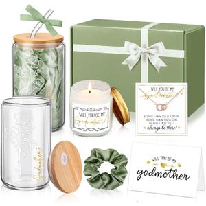6 Pcs Godmother Proposal Gift Set, Will You Be My Godmother Gift Box, 16oz Glass Cup, Necklace & Scented Candle from Godchild for Baptism Mothers Day Birthday(English,Sage Green)