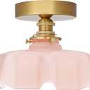 9.4in Vintage Pink Flush Mount Ceiling Light Fixture - Brass Semi Flush Mount Lighting with Flower Glass Shade for Closet, Small Rooms - Compact Indoor Light for Hallway Entryway Porch, Bulb Not