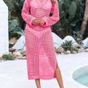 Saodimallsu Womens Crochet Swimsuit Cover Up V Neck Collared Long Sleeve Mesh Knit Long Beach Coverup Maxi Dress (Pink)