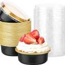Beasea Disposable Ramekins with Lids, 50 Pack 8.8oz 260ml 4 Inch Disposable Aluminum Foil Cups Round Cupcake Mini Pudding Baking Cups for Party - Black Gold