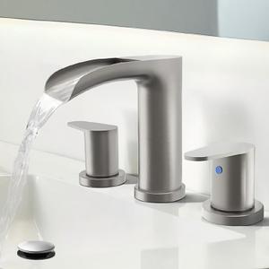 Brushed Nickel Bathroom Faucets - Waterfall 8 Inch Widespread Bathroom Sink Faucet, 2 Handles Vanity Faucets 3 Holes for Lavatory Restroom RV Bathtub with Pop Up Drain & Supply Lines