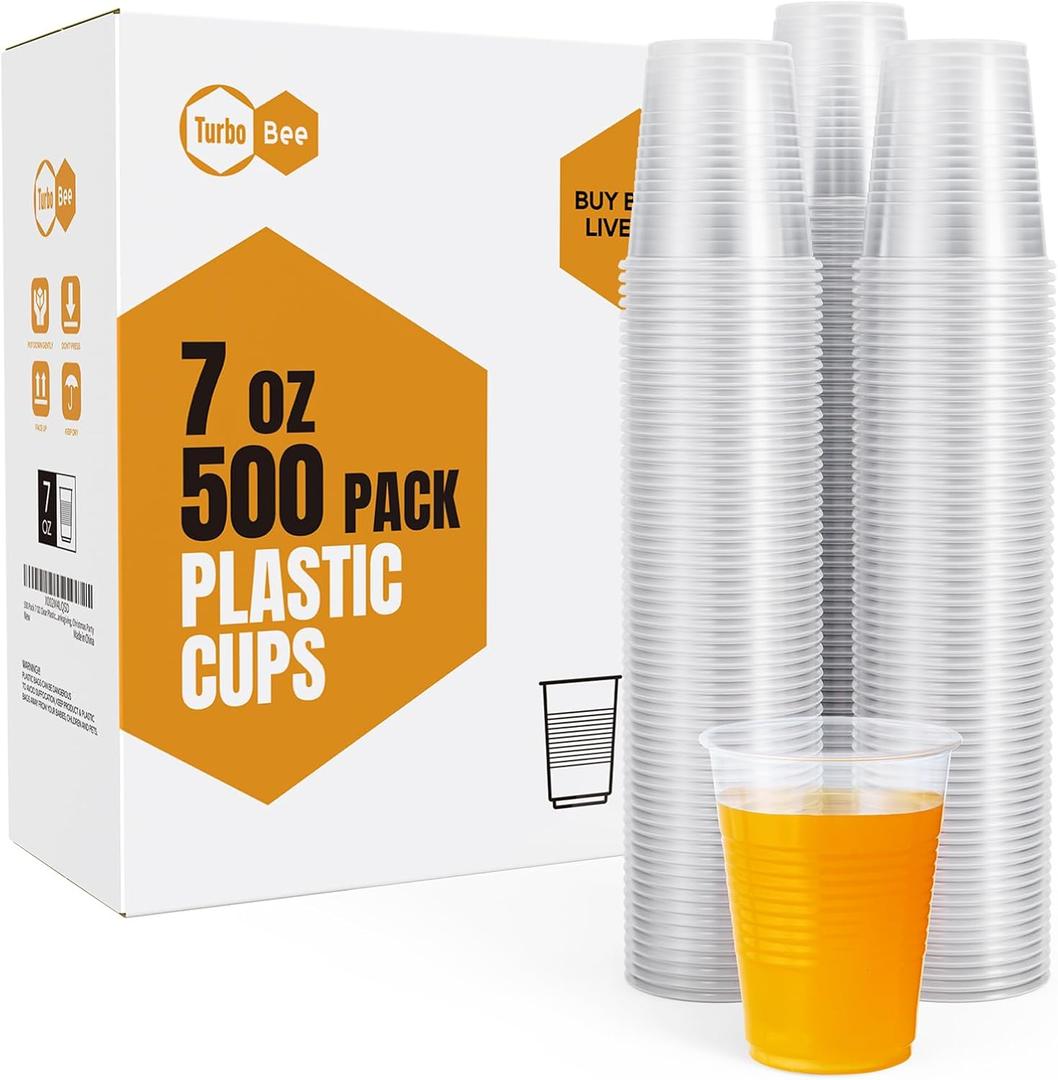Turbo Bee 500 Pack 7oz Disposable Plastic Cups,Heat-Resistant & Food Safe Drinking Cups for Hot/Cold Beverages, Perfect for Schools, Offices, Events & Commercial Use