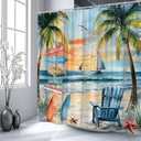Tropical Ocean Beach Shower Curtain Sea Sunset Palm Tree Starfish Surfboard Coastal Nautical Sailboat Seagull Watercolor Seaside Scenery Bathroom Decor Polyester Curtains with Hooks,70Wx70L