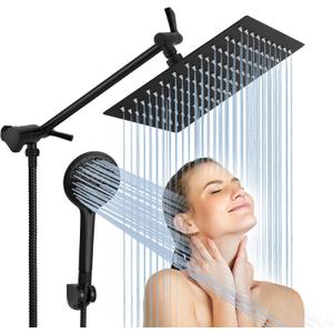 Rain Shower Head with Handheld Spray, Lanhado 10'' High Pressure Shower Heads with 11'' Extension Arm, 9 Settings Handheld Shower Heads with Hose & Holder, Anti-leak Dual Rainfall Shower Head, Black
