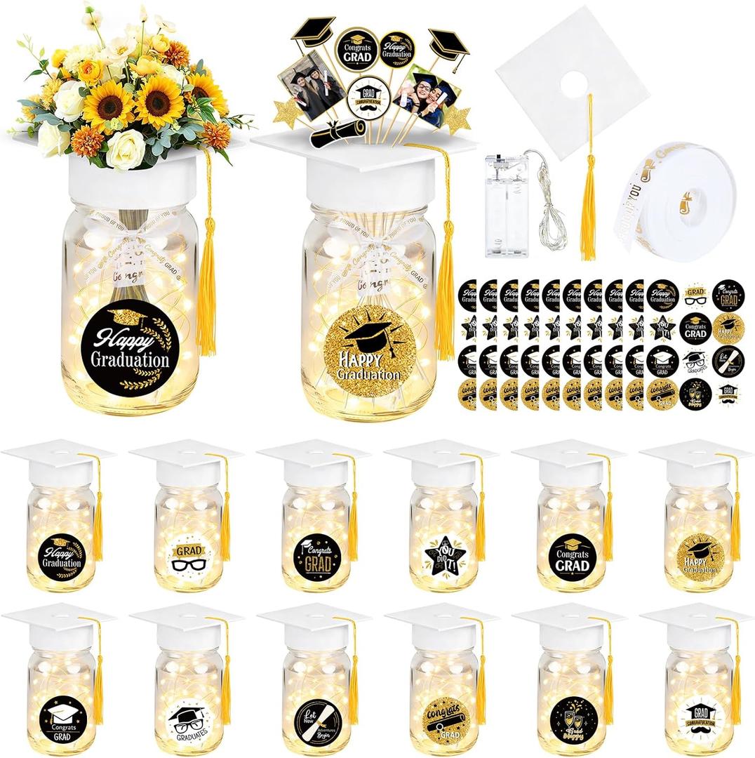 12 Sets Graduation Decorations Mason Jar Graduation Tables Centerpieces for Class of 2026 with Graduation Cap with Hole and Tasse for Flowers Graduation Party Ceremony School Event Decor (White)