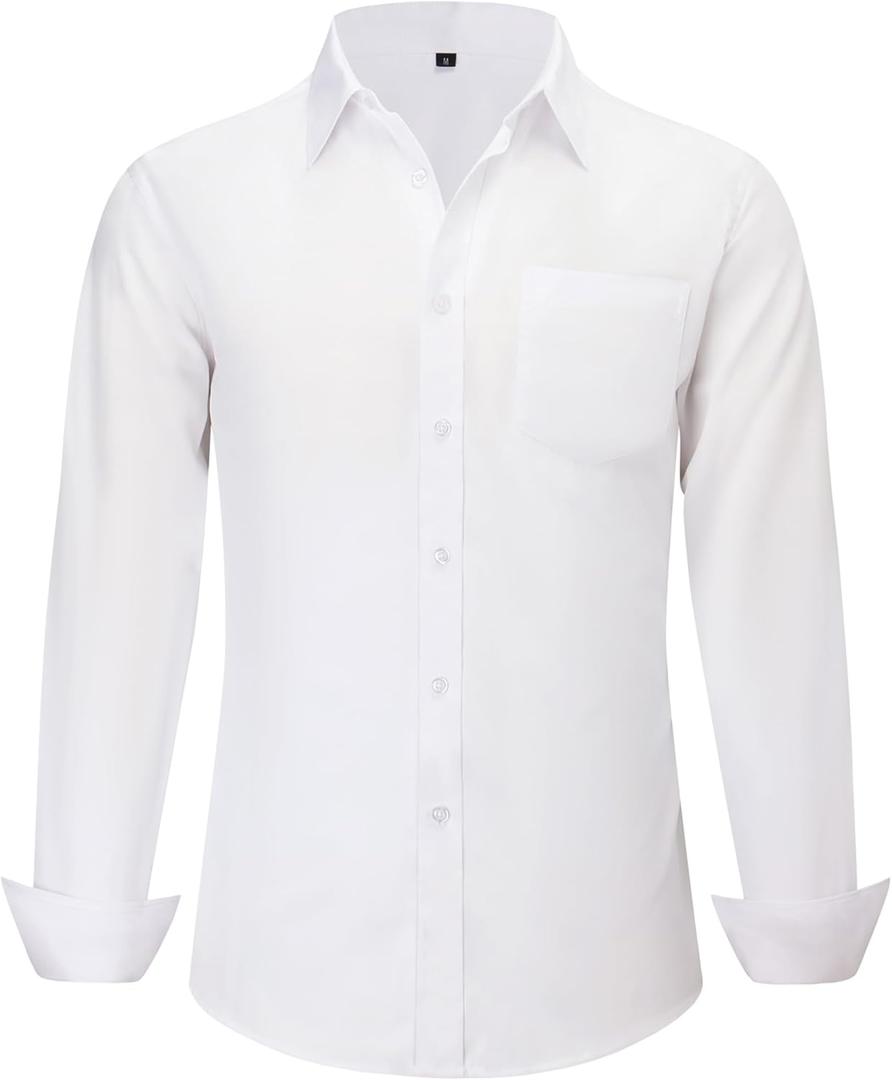 Men's Long Sleeve Dress Shirts, Regular Fit Stretch Wrinkle-Free Business Casual Button-Down Shirts with Front Pocket (X-Large, White)